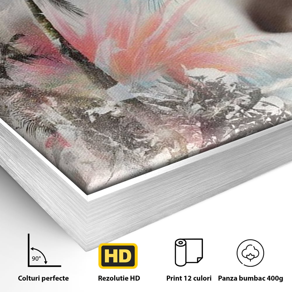 Detaliu al suprafetei: tablou canvas cu portret feminin si palmieri, in rama de aluminiu argintiu